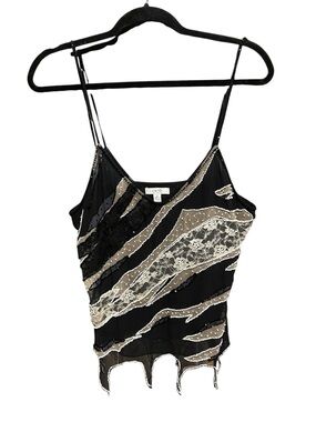 Cache Black Camisole with Beige and Cream Lace & Beaded Accents